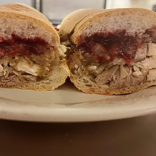 Thanksgiving Po-Boy!! Homemade turkey, Homemade Stuffing, Homemade Cranberry Sauce and Gravy.