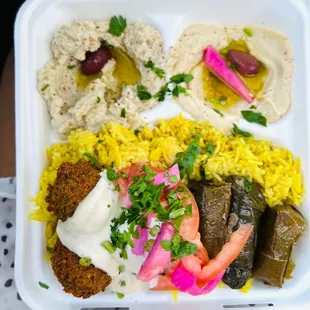 Baba Ghanouj, Hummus, Falafel,  Grape Leaves Rice Veggie Plate