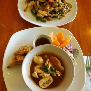 Lunch combo:Fried Pork Dumplings + Tom Yum Chicken soup +(entrée not in photo),  Shrimp Pad Kee Mao