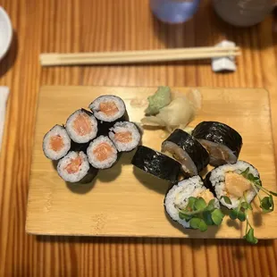 Left: Salmon Maki Right: Spicy Hotate Roll
