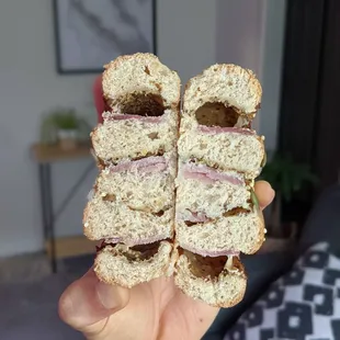 9/12/21 -  Ham and Cheese Brioche. cross-section. Meat/cheese still comes through, even though it's mostly buttery brioche.