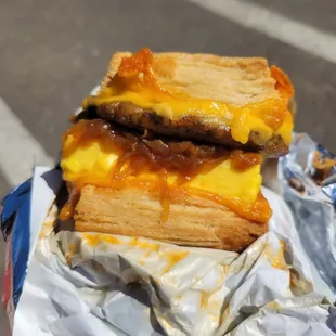 Sausage, fluffy egg, onion jam brekkie biscuit.