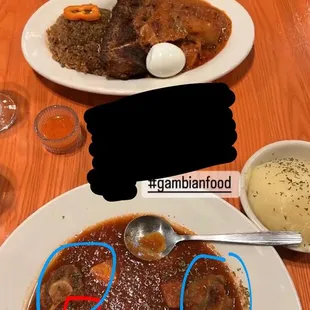 The blue circles are the two oxtails, and the red are the two pieces of beef.