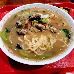 Oyster jjamppong. A white broth jjampong &quot;Noodle w/ Mixed Oyster &amp; Vegetable Soup&quot; on the menu.