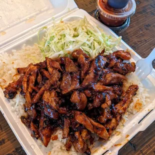 Spicy Chicken Teriyaki. Comes with a little cup of teriyaki sauce. Got extra teriyaki and hot sauce (was unnecessary, imo)