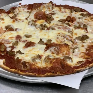 Pepperoni &amp; sausage thin crust pizza!