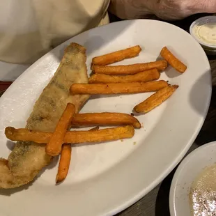 Half an order of fried perch with sweet potato fries