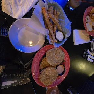 Part of my fried food feast. Fried green tomatoes in the front and fried carrots in the back