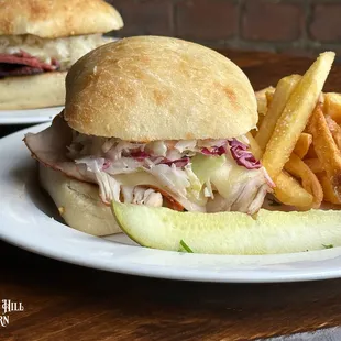 Rachel sandwich with Truffle Fries and Pickle Spear