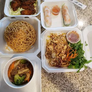 Beef chow mein with house fried crispy noodles! Chicken Bun, Summer Rolls, Wings!!!!
