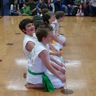 Students lined up, waiting to test for their new sashes!