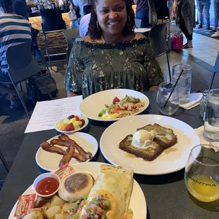 Chorizo Egg Crepe, Pistachio French Toast, Cheese Omelet with sides of bacon, fruit and potatoes!