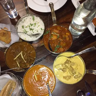 Murgh Vindaloo, Tikka Murgh Tikka Butter Masala, Goat (something chef special), &amp; yellow one is almond based curry