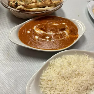 Garlic bread, Chicken Tikka Masala &amp; Rice