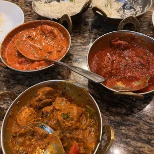 Butter chicken, Lamb Vindaloo, Karahi Chicken