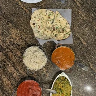 Garlic Naan, Butter chicken, Basmati Rice Plate, Rice Pilau, &amp; Chicken Tikka Masala