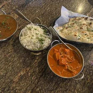 Rogan Josh, Chicken Tikka Masala, basmati rice, garlic naan