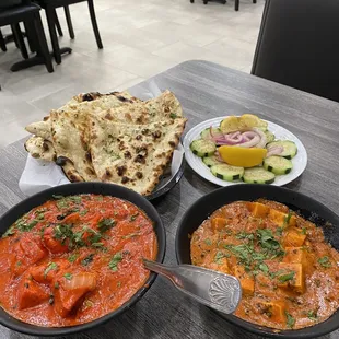 Chicken Tikka Masala, Shahi Paneer, Garlic Naan &amp; Condiment Salad