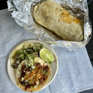 Asada and Al pastor tacos + Asada breakfast burrito