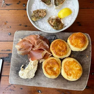 Barbecued Oysters, Green Garlic Butter, Preserved Lemon Breadcrumbs, Parmesan