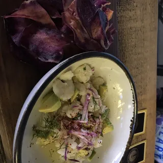 Laughing Bird Shrimp Aguachile, Cucumber, Avocado, Radish, Serrano-Lime, Benne Seeds