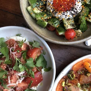 Momotaro Tomato, Whipped Feta, Lime, Oregano, Crisp Shallot, Sumac Vinaigrette