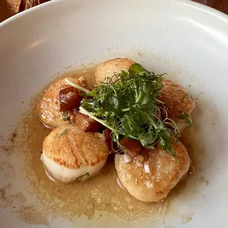 Diver Scallops, Brown Butter-Bacon Vinaigrette, Mustard Greens