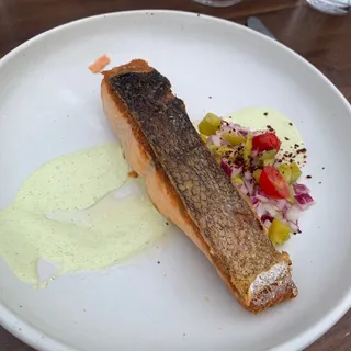 Pan Roasted Wild King Salmon, Serrano Lebne, Sungolds, Guindilla Pepper, Purple Shiso