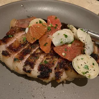 peads & Barnett Pork Chop, Spring Onion, Chili Vinegar, Mustard Oil