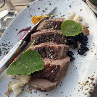 Liberty Duck Breast, Wild Mountain Huckleberry Jus, Asian Pear, Spruce Tip Salt