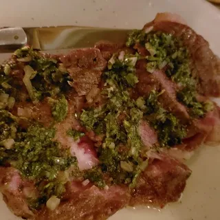 28 Day Dry Aged Holstein New York Strip, Tallow Chimichurri, Bone Marrow