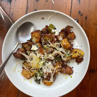 Butterball Potatoes, Crème Fraiche, Pickled Onion, Shishito, Horseradish