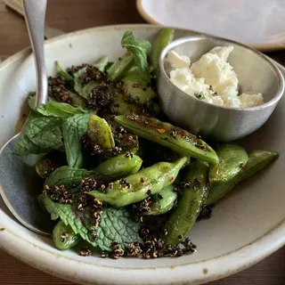 Blistered Snap Peas, Black Quinoa, Sesame Date Butter, Feta