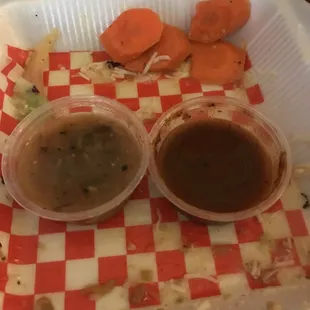 This the green and red salsa - The green is medium in heat and very good  - The red was hotter and tasted great i the tacos