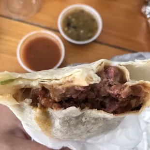 Asada, no rice substitute with beans instead but that didn&apos;t happen. Burrito was skinnier than it looks in the picture.