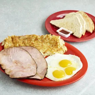 ham, eggs, toast, and toast