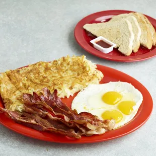 bacon, eggs, toast and toast
