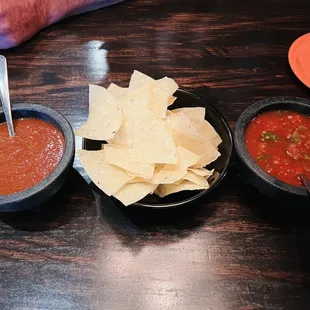 Complimentary chips and salsa. Have to ask for hot salsa if you&apos;d like. Chips thin and fresh