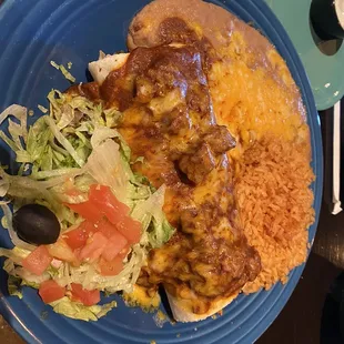 Bean and cheese burro with chili con carne.