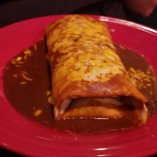 You guessed it, red chili shredded beef burrito, enchilada style.