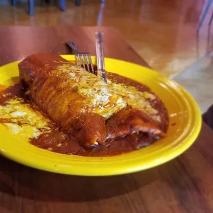 Red chili burrito, enchilada style.