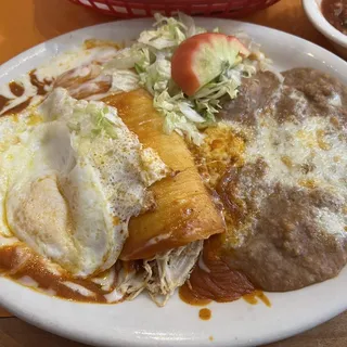 Enchilada, Egg, and Beans