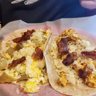 Potato taco and chorizo taco after we added bacon. Huge portions!