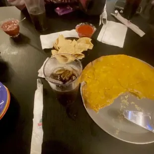 Cheese Crisp, complimentary chips and salsa, and coke.