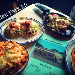 Chicken Fajitas, Sopes, Queso Fundidio and Chilaquiles Mexican breakfast