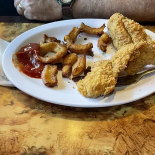 Burned, greasy, and mostly broken pieces of onion rings. There was 2 whole medium sized onion rings and the rest were broken pieces.