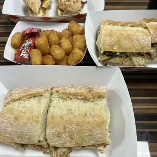 Chicken Philly, tots, and bacon egg and cheese cheese bagel