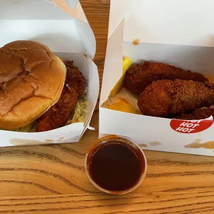 Fried chicken sandwich and fried chicken drumsticks