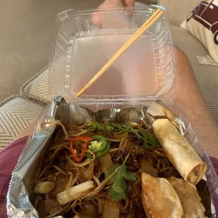 Beef Chow Fun, pot stickers, seafood egg roll