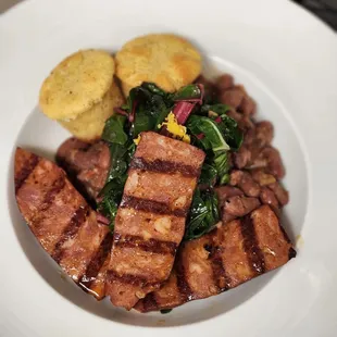 Red beans &amp; rice. Swiss chard. Grilled sausage and honey cornbread.
